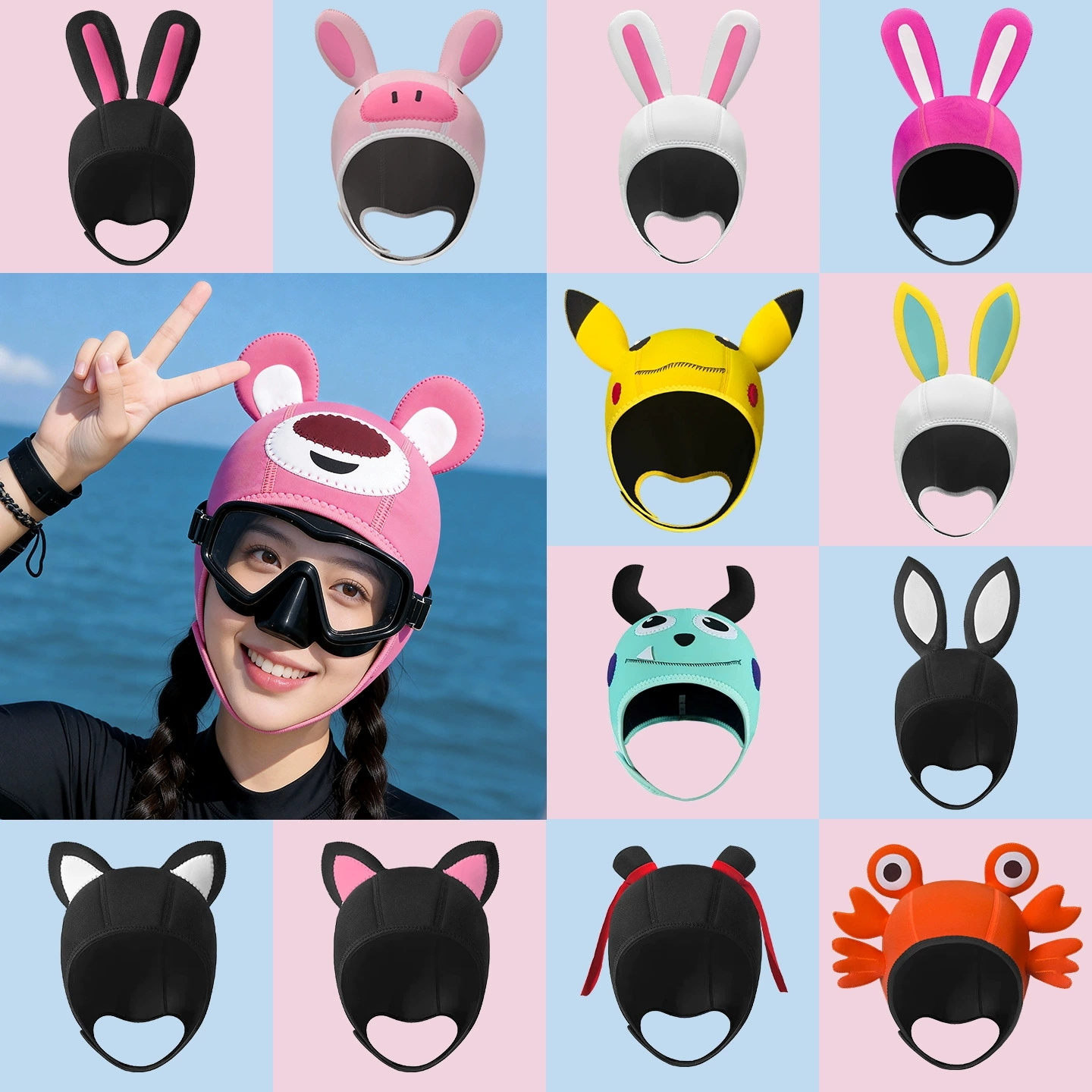 Aquatic Sports Cap - 3mm ネオプレン製のかわいい漫画風サーマルダイビングキャップ シュノーケリングスイミングフード – 女性と女の子向けの日焼け防止サーフィンハット