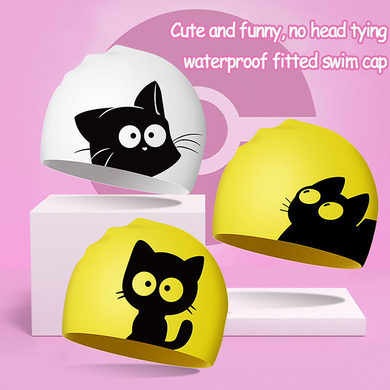 Aquatic Sports Cap - 子供用の伸縮性シリコンスイミングキャップ,かわいい猫,長い髪,保護,子供用,プール,ダイビング用