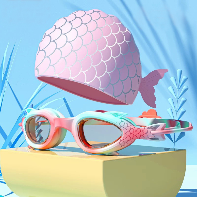 Aquatic Sports Cap - 子供用スイミングゴーグル；防水・曇り止めシリコンスイミングキャップ、スイムキャップとゴーグルのセット；水中スイミングゴーグル。